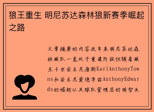 狼王重生 明尼苏达森林狼新赛季崛起之路
